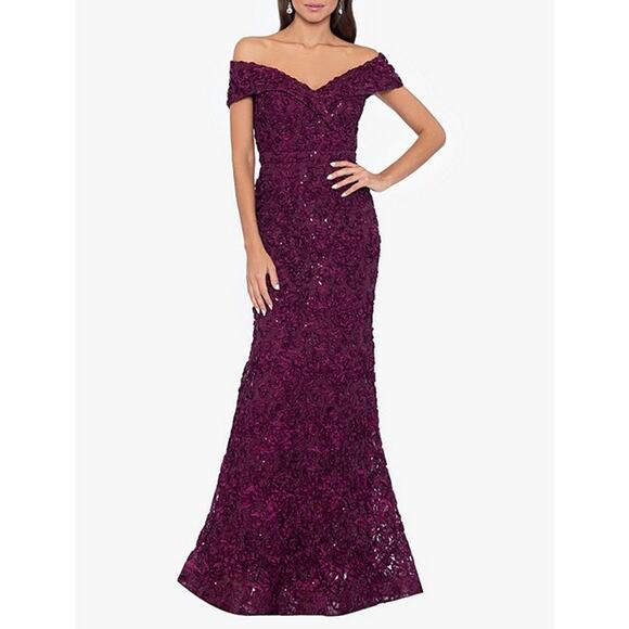 XSCAPE Embroidered Off-the-Shoulder Short Sleeve Lace A-line Gown Size 14 NWT